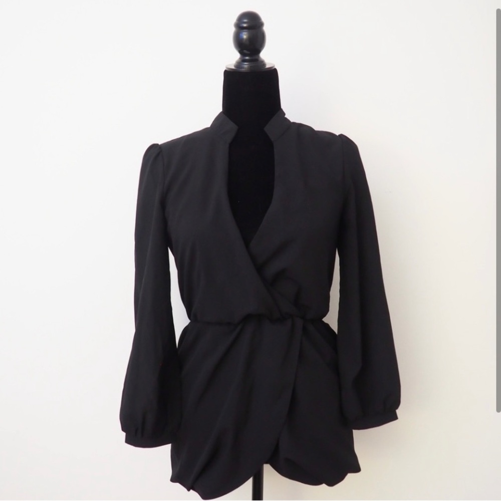 Black Long-Sleeve Wrap Blouse